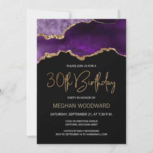 Purple Gold Agate 30th Birthday Party Invitation