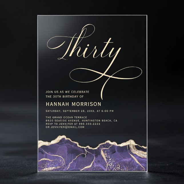 Purple Gold Agate 30th Thirty Birthday Party Acrylic Invitations (Creator Uploaded)