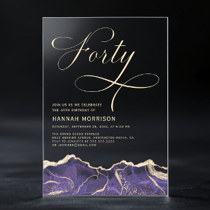 Purple Gold Agate 40th Forty Birthday Party Acrylic Invitations