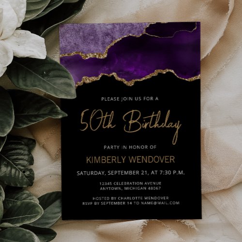 Purple Gold Agate 50th Birthday Invitation