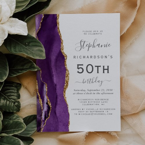 Purple Gold Agate 50th Birthday Party Invitation