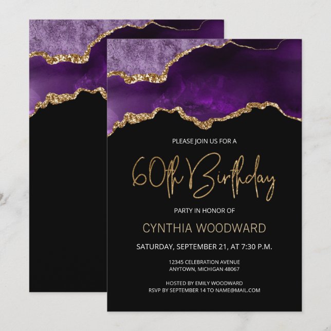 Purple Gold Agate 60th Birthday Party Invitation (Front/Back)