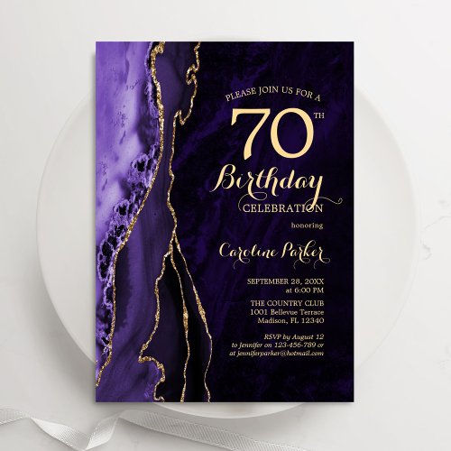 Purple Gold Agate 70th Birthday Invitation