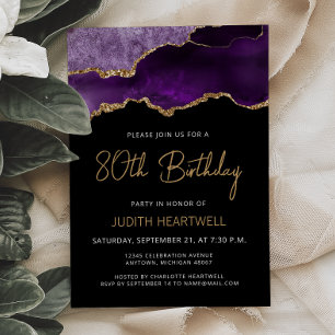 Purple Gold Agate 80th Birthday Invitation