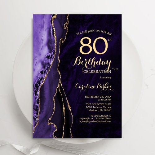 Purple Gold Agate 80th Birthday Invitation
