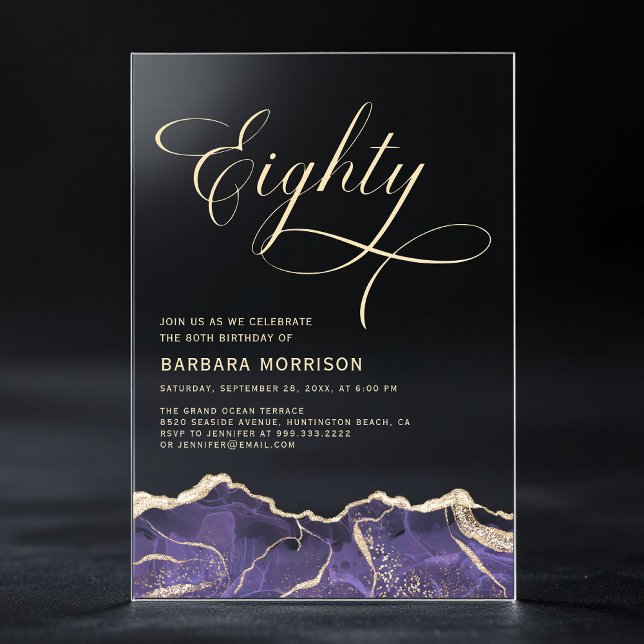 Purple Gold Agate 80th Eighty Birthday Party Acrylic Invitations (Creator Uploaded)