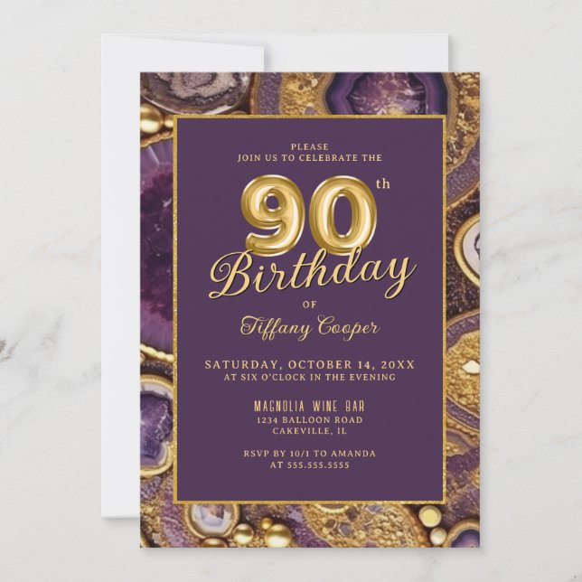 Purple Gold Agate 90th Birthday Invitation (Front)