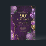 Purple Gold Agate 90th Birthday Invitation<br><div class="desc">Elegant purple gold Floral Agate 90th Birthday party Invitation. 90th birthday invite features purple and gold glitter balloons and delicate purple lilac rose florals with gold speckles.</div>