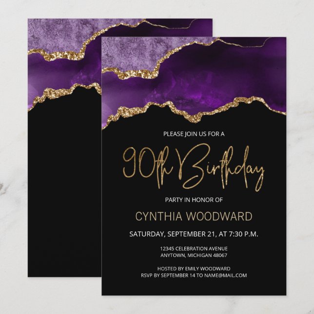 Purple Gold Agate 90th Birthday Party Invitation (Front/Back)