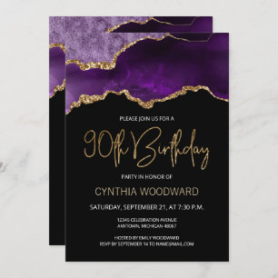 Purple Gold Agate 90th Birthday Party Invitation