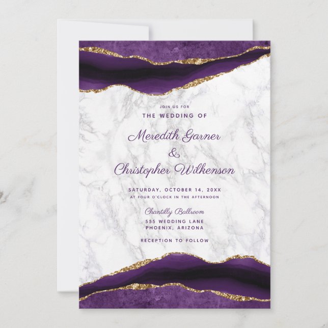 Purple Gold Agate and Marble Wedding Invitation (Front)