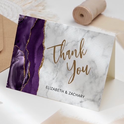Purple Gold Agate Calligraphy Wedding Thank You Card