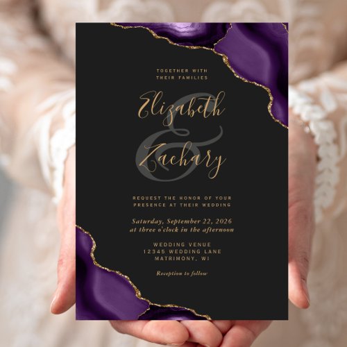 Purple Gold Agate Corners Dark Wedding Invitation