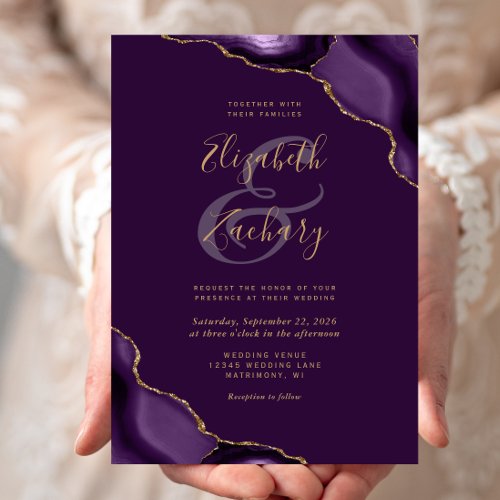 Purple Gold Agate Corners Plum Wedding Invitation