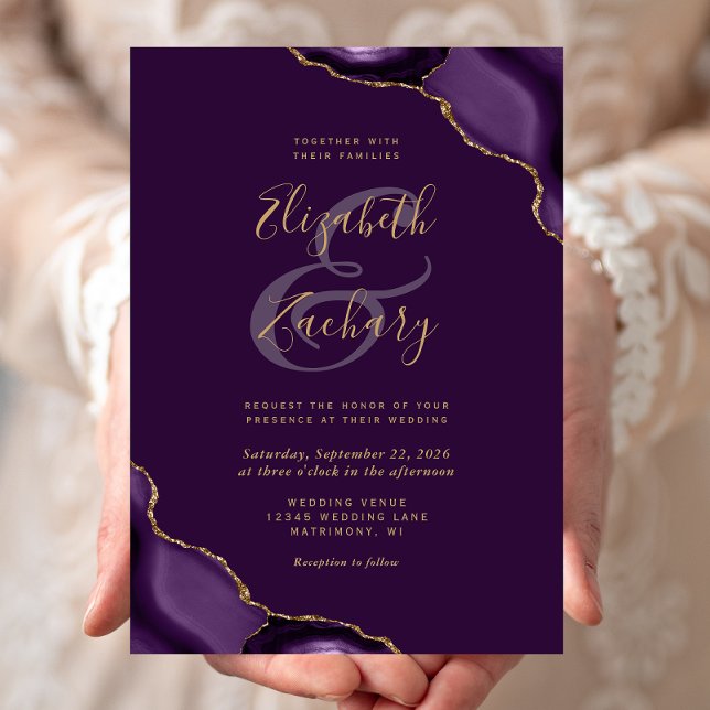 Purple Gold Agate Corners Plum Wedding Invitation (Creator Uploaded)