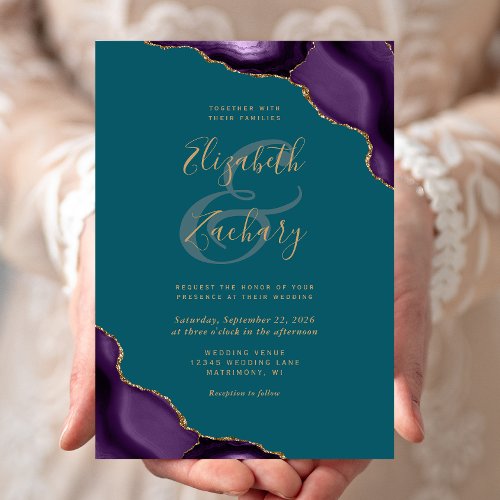 Purple Gold Agate Corners Teal Wedding Invitation