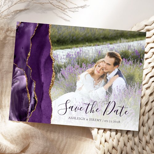 Purple Gold Agate Custom Photo Save the Date Postcard