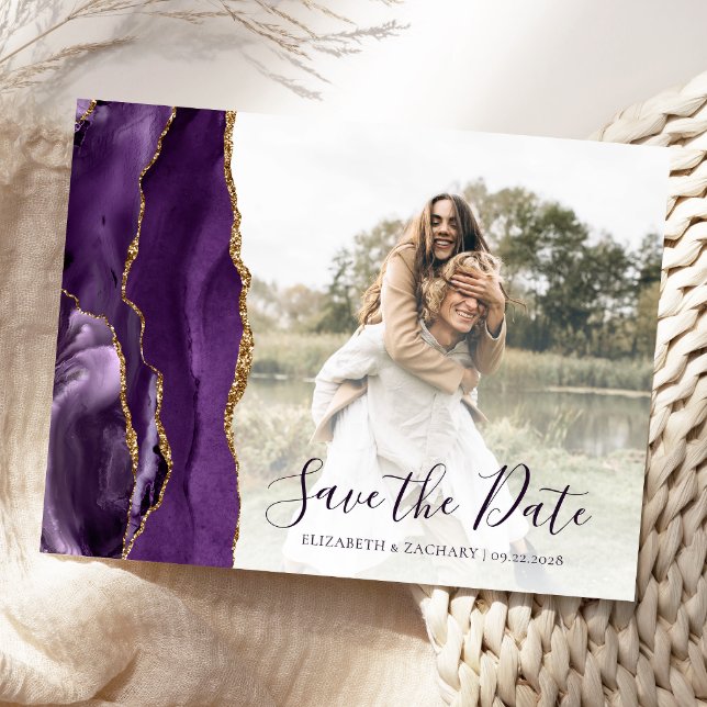 Purple Gold Agate Custom Photo Save the Date Postcard