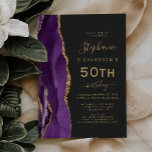 Purple Gold Agate Dark 50th Birthday Party Invitation<br><div class="desc">The left-hand edge of this elegant modern birthday party invitation features a purple watercolor agate border trimmed with gold faux glitter. The customizable text combines gold-colored handwriting,  copperplate and italic fonts on a slate black background. The reverse side features a matching purple and gold agate design.</div>
