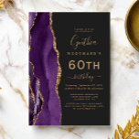 Purple Gold Agate Dark 60th Birthday Party Invitation<br><div class="desc">The left-hand edge of this elegant modern birthday party invitation features a purple watercolor agate border trimmed with gold faux glitter. The customizable text combines gold-colored handwriting,  copperplate and italic fonts on a slate black background. The reverse side features a matching purple and gold agate design.</div>