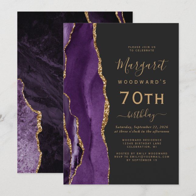 Purple Gold Agate Dark 70th Birthday Party Invitation (Front/Back)