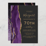 Purple Gold Agate Dark 70th Birthday Party Invitation<br><div class="desc">The left-hand edge of this elegant modern birthday party invitation features a purple watercolor agate border trimmed with gold faux glitter. The customizable text combines gold-colored handwriting,  copperplate and italic fonts on a slate black background. The reverse side features a matching purple and gold agate design.</div>