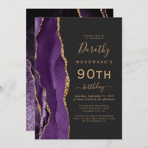 Purple Gold Agate Dark 90th Birthday Party Invitation