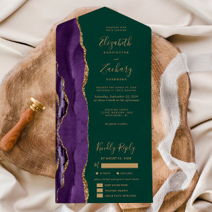 Purple Gold Agate Dark Green Meal Options Wedding All In One Invitation