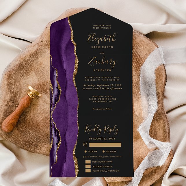 Purple Gold Agate Dark Meal Options Wedding All In One Invitation (Creator Uploaded)