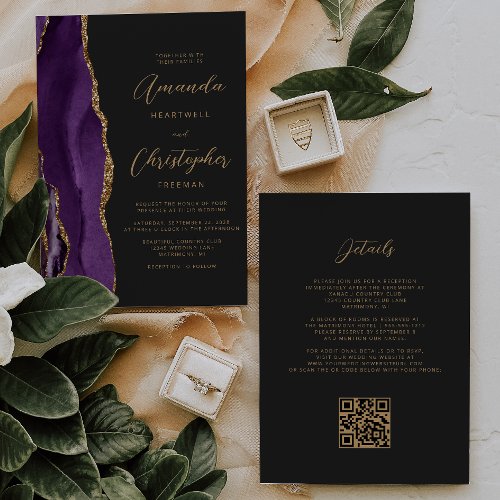 Purple Gold Agate Dark QR Code Wedding Invitation