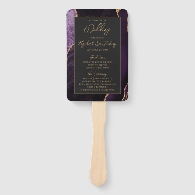 Purple Gold Agate Dark Script Wedding Program Hand Fan (Front)