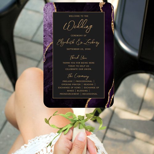 Purple Gold Agate Dark Script Wedding Program Hand Fan