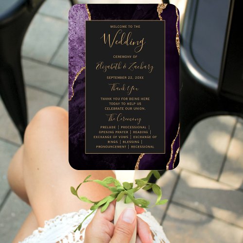 Purple Gold Agate Dark Wedding Program Hand Fan