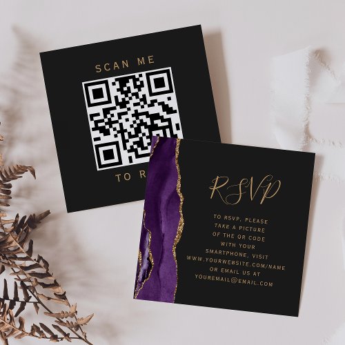 Purple Gold Agate Dark Wedding QR Code RSVP Enclosure Card