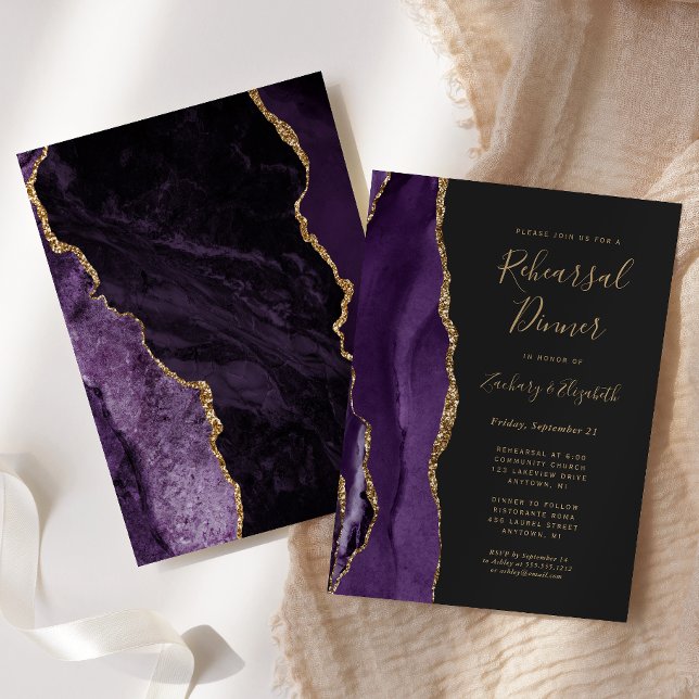 Purple Gold Agate Dark Wedding Rehearsal Dinner Invitation (Creator Uploaded)