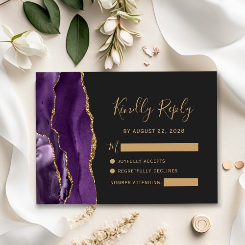 Purple Gold Agate Dark Wedding RSVP Card