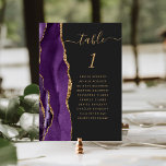 Purple Gold Agate Dark Wedding Table Number<br><div class="desc">The left-hand edge of this elegant modern wedding table number card features a purple watercolor agate border trimmed with faux gold glitter. The word "table" appears in gold-colored handwriting script on an off-black background. Add the names of your guests who are assigned to each table.</div>