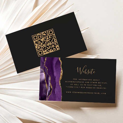 Purple Gold Agate Dark Wedding Website QR Code Enclosure Card