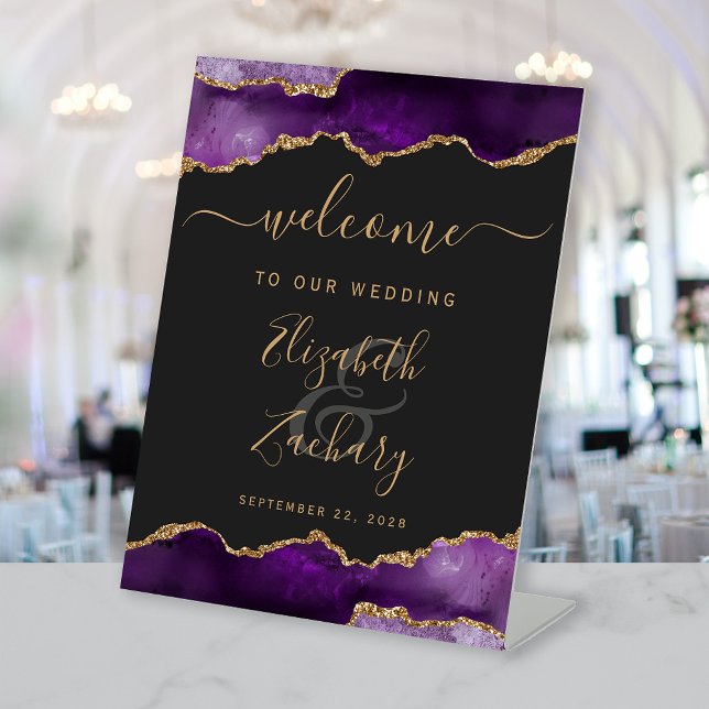 Purple Gold Agate Dark Wedding Welcome Pedestal Sign (Creator Uploaded)
