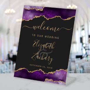 Purple Gold Agate Dark Wedding Welcome Pedestal Sign