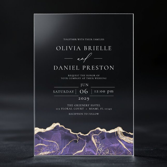 Purple Gold Agate Elegant Modern Wedding Acrylic Invitations (Creator Uploaded)