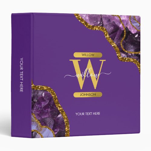 Purple  Gold Agate Geode Glitter Monogram 3 Ring Binder