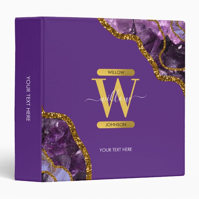 Purple & Gold Agate Geode Glitter Monogram 3 Ring Binder (Front/Spine)
