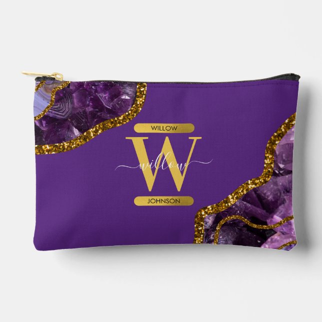 Purple & Gold Agate Geode Glitter Monogram  Accessory Pouch (Front)