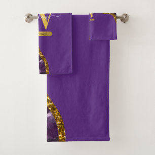 Purple & Gold Agate Geode Glitter Monogram Bath Towel Set
