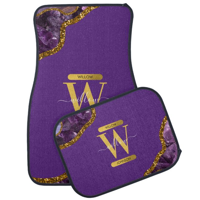 Purple & Gold Agate Geode Glitter Monogram  Car Floor Mat (Set)