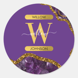 Purple & Gold Agate Geode Glitter Monogram Classic Round Sticker