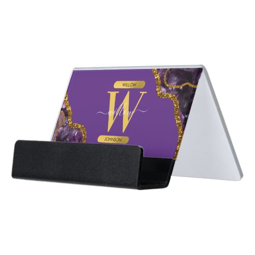 Purple  Gold Agate Geode Glitter Monogram  Desk Business Card Holder