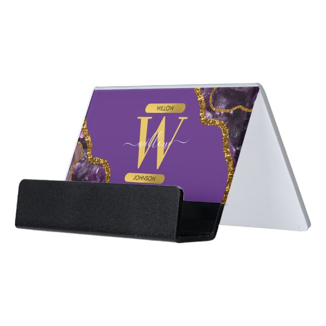 Purple & Gold Agate Geode Glitter Monogram  Desk Business Card Holder (Angled Front)