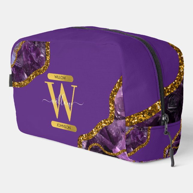 Purple & Gold Agate Geode Glitter Monogram  Dopp Kit (Right Corner)